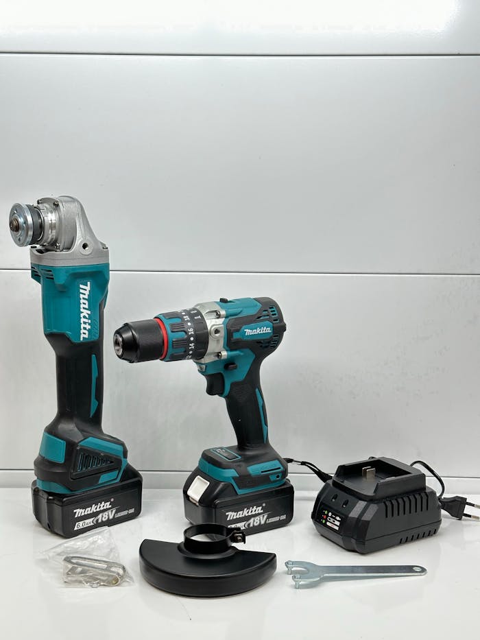 High-quality power tools including drill-driver and accessories displayed on a white background.